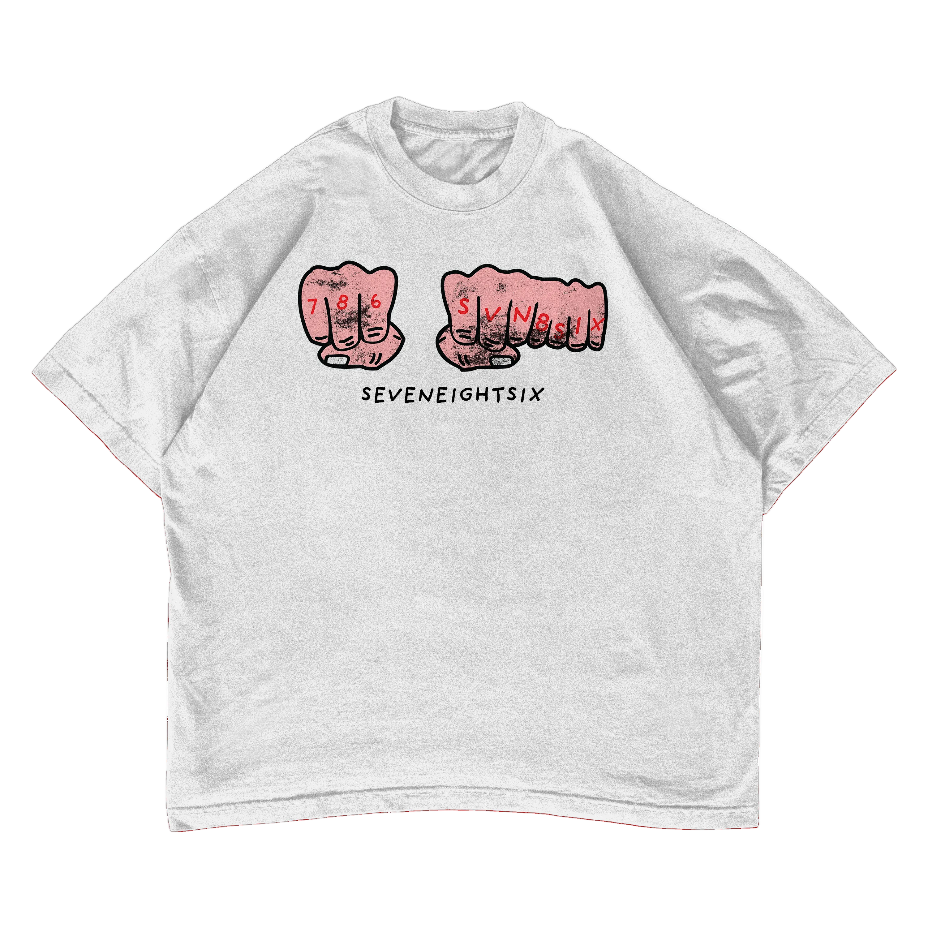 White t-shirt with red graphic design on a white background