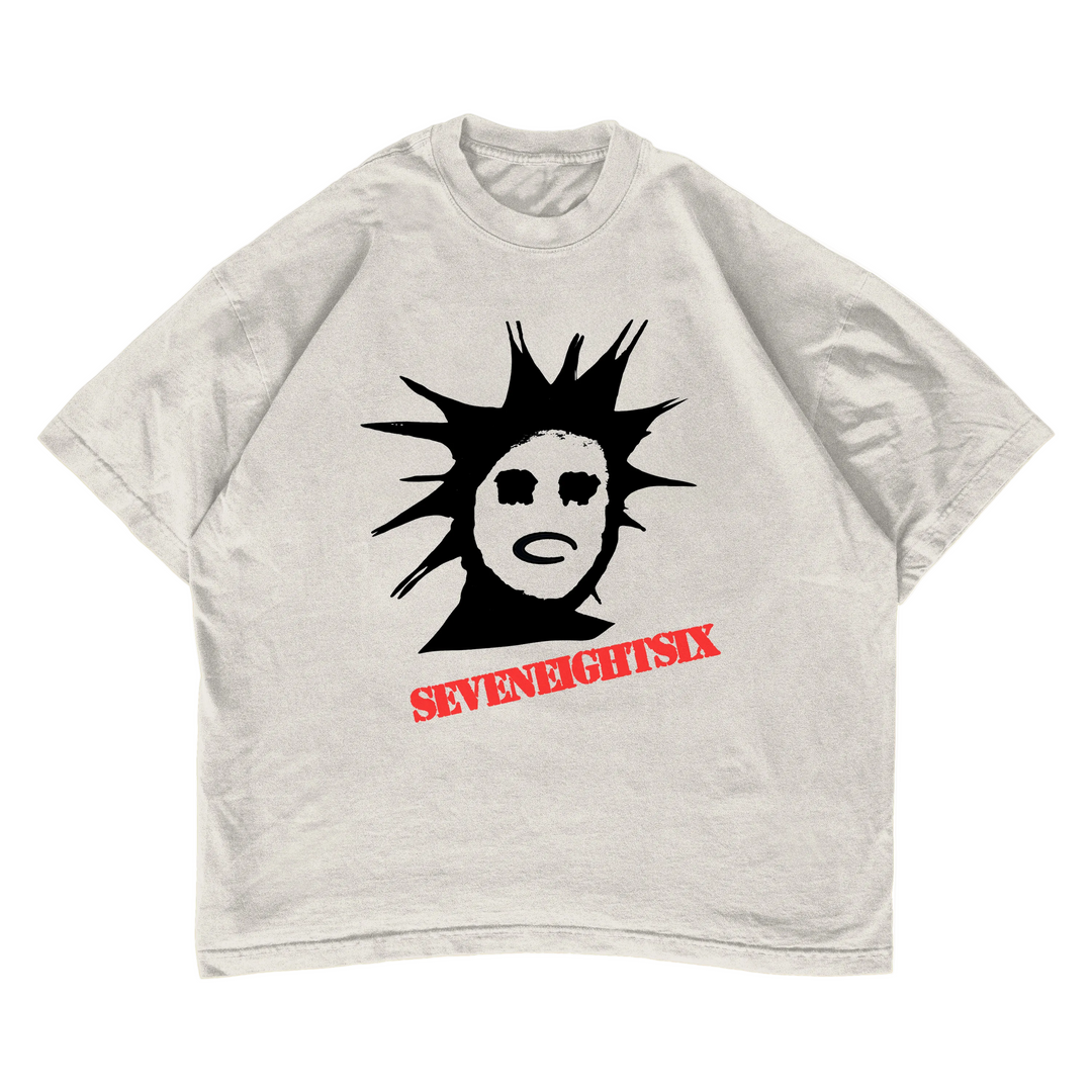Gray t-shirt with a graphic design and 'SEVEN EIGHT SIX' text on a white background