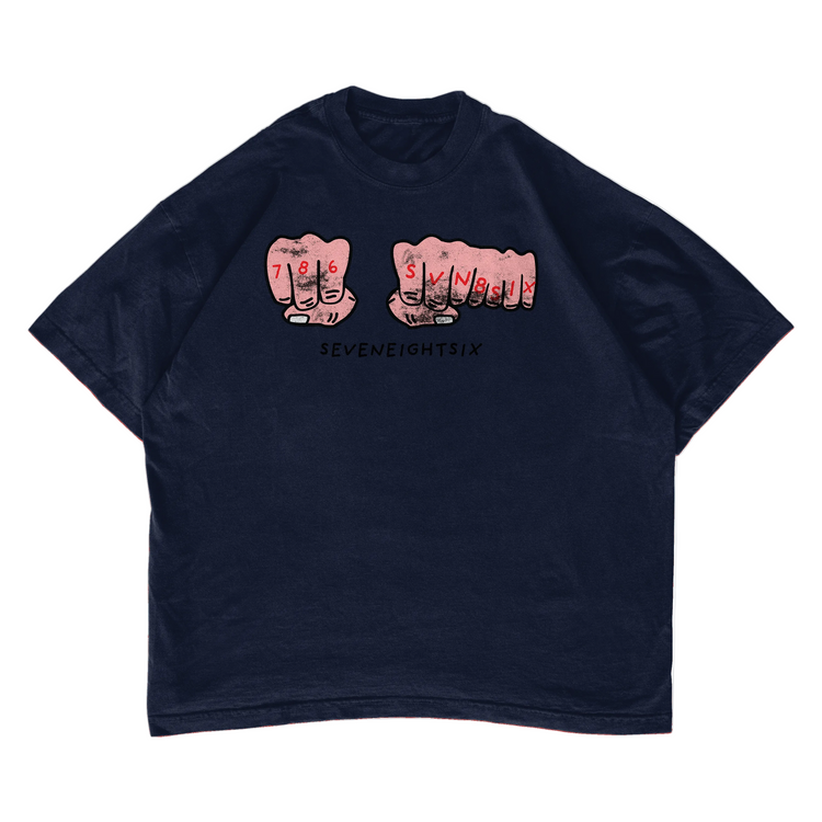 Navy blue t-shirt with graphic of two fists and text on a white background