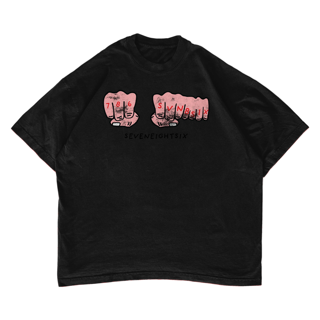 Navy blue t-shirt with graphic of two fists and text on a white background