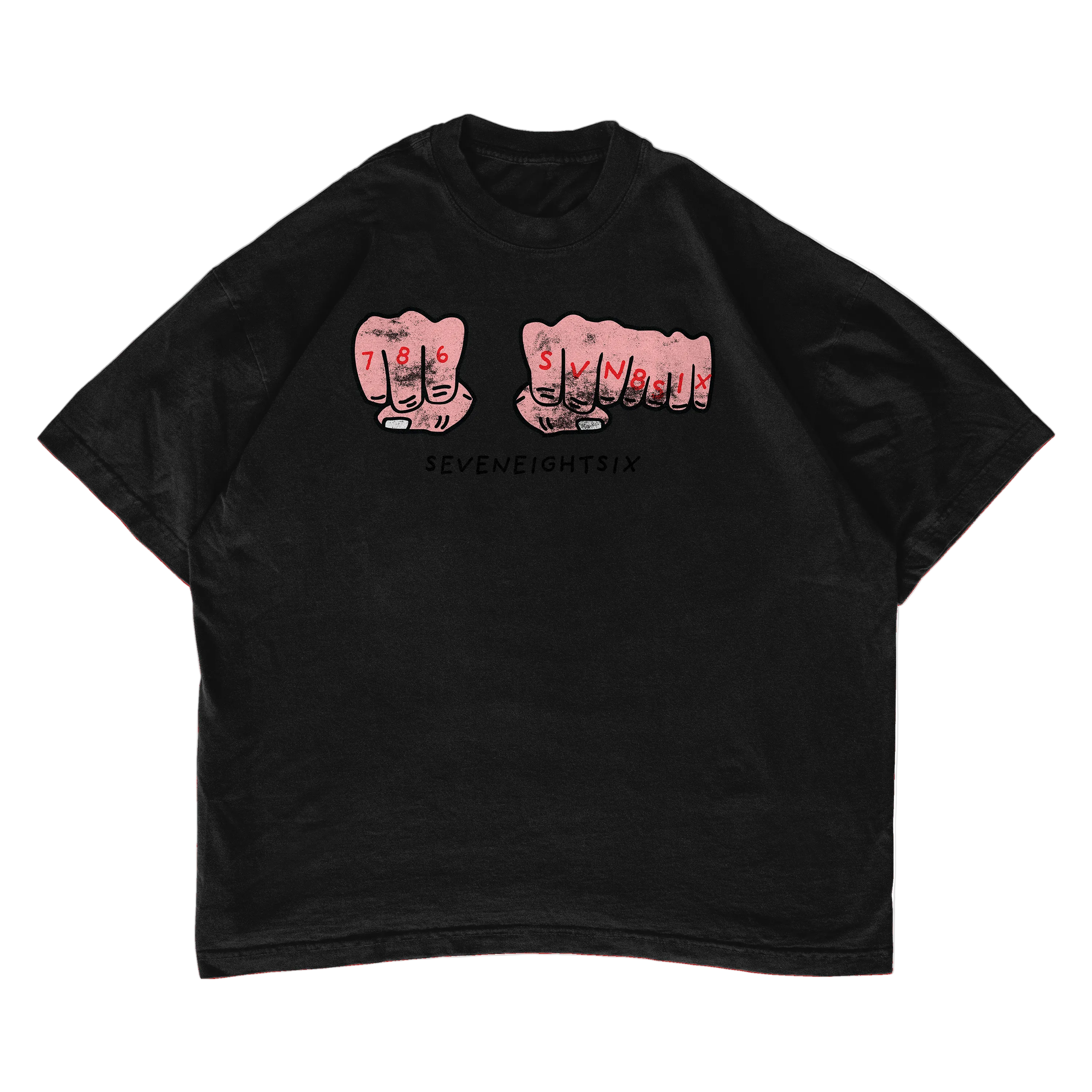 Navy blue t-shirt with graphic of two fists and text on a white background