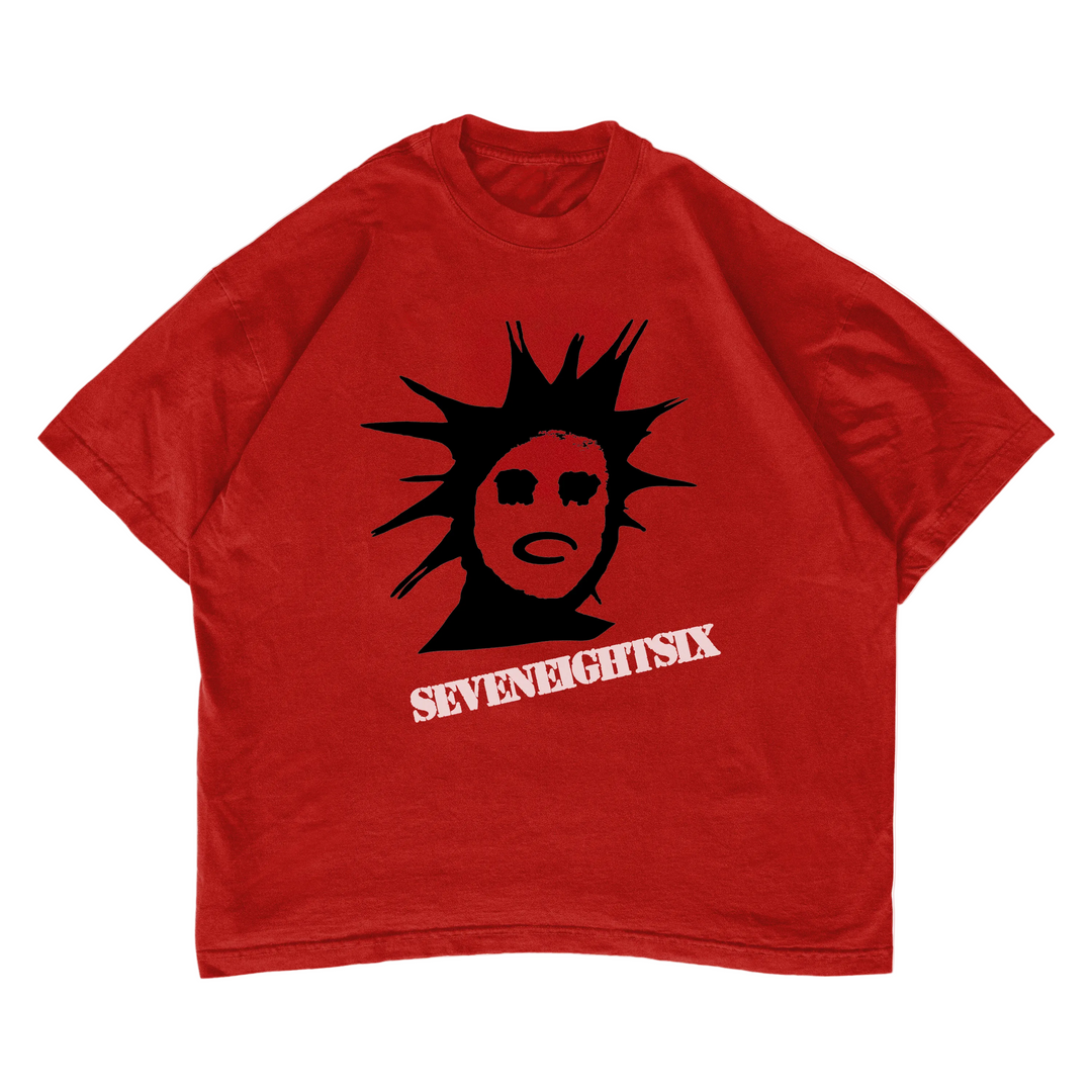 Red t-shirt with black graphic and &