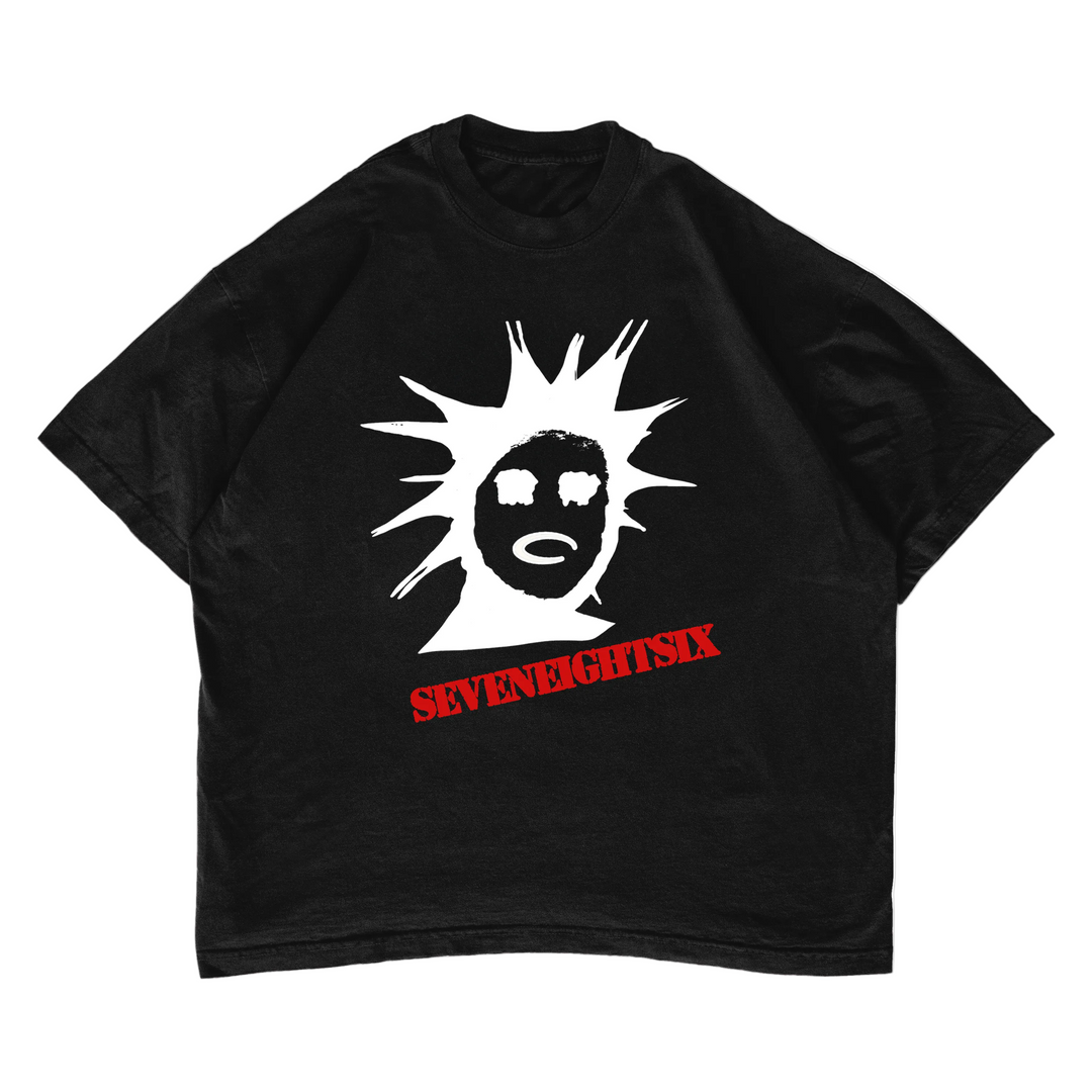 Black t-shirt with a white graphic design and &