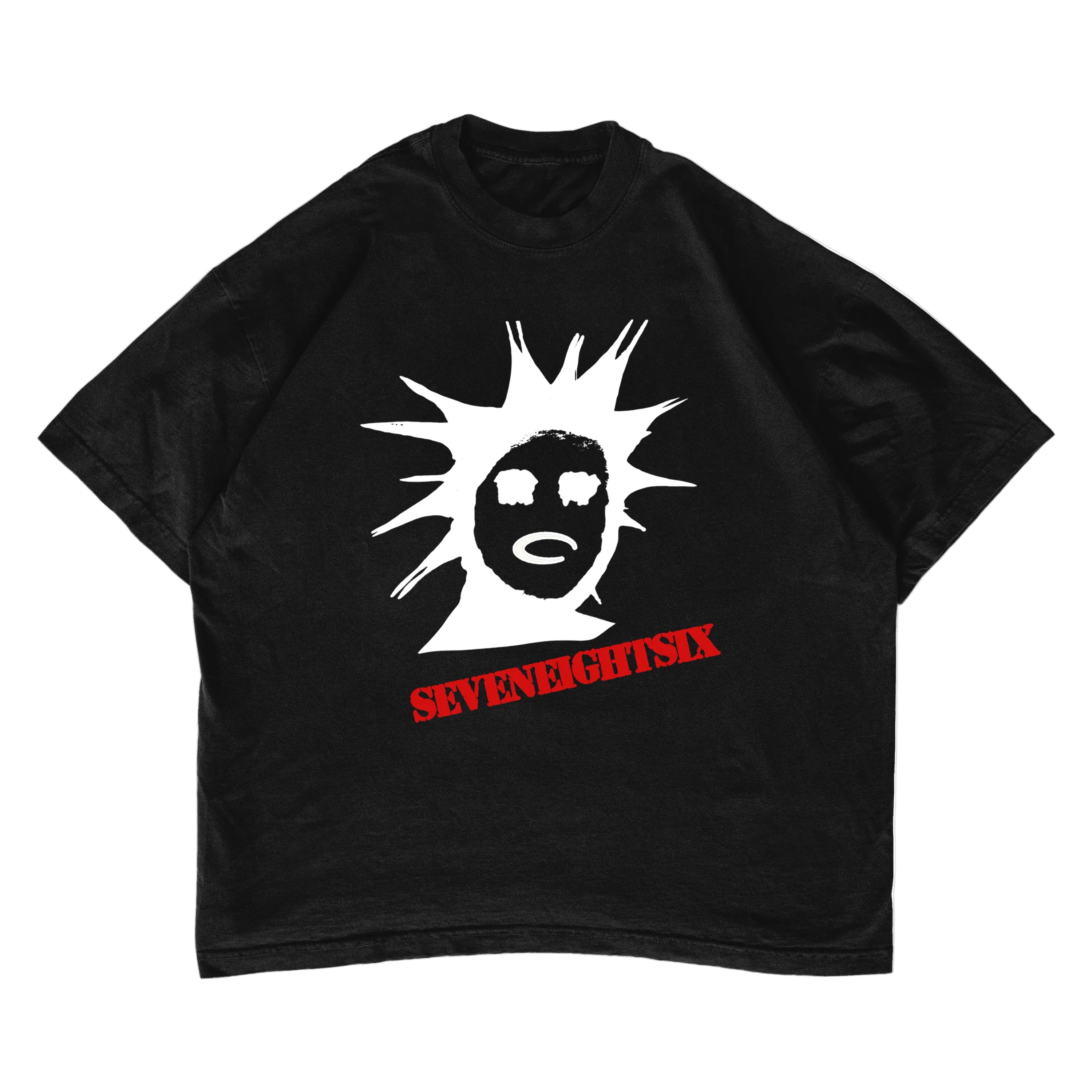 Black t-shirt with a white graphic design and 'SEVENEIGHTSIX' text on a white background