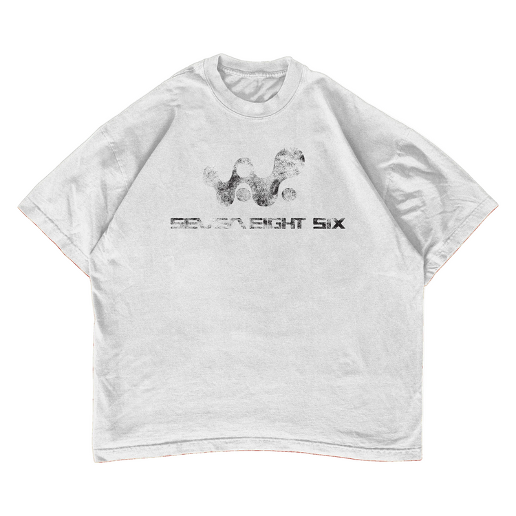 Gray t-shirt with black graphic design and text on a white background